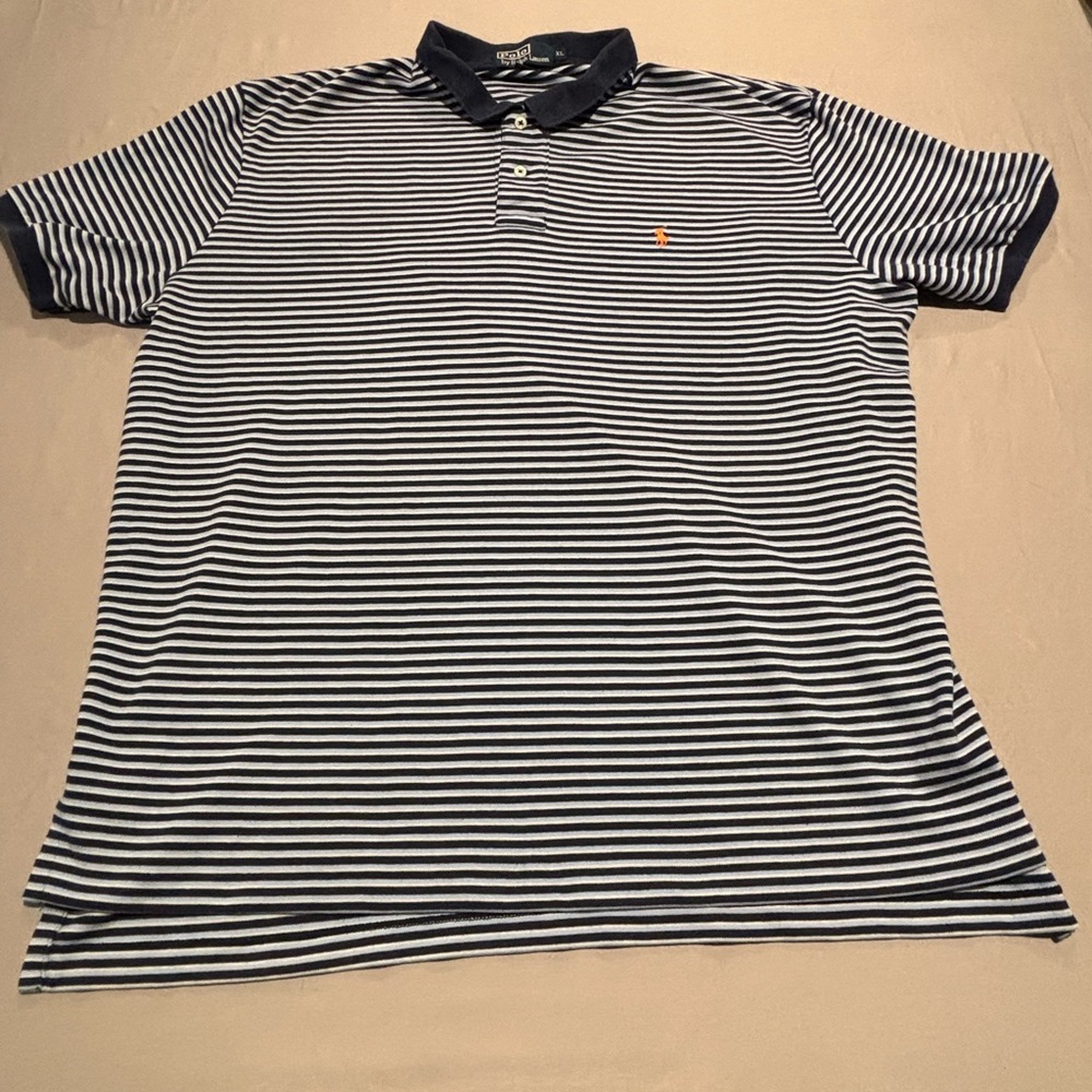 Size XL Vintage Polo Ralph Lauren Striped Polo Shirt Mens Navy Light Blue Orange